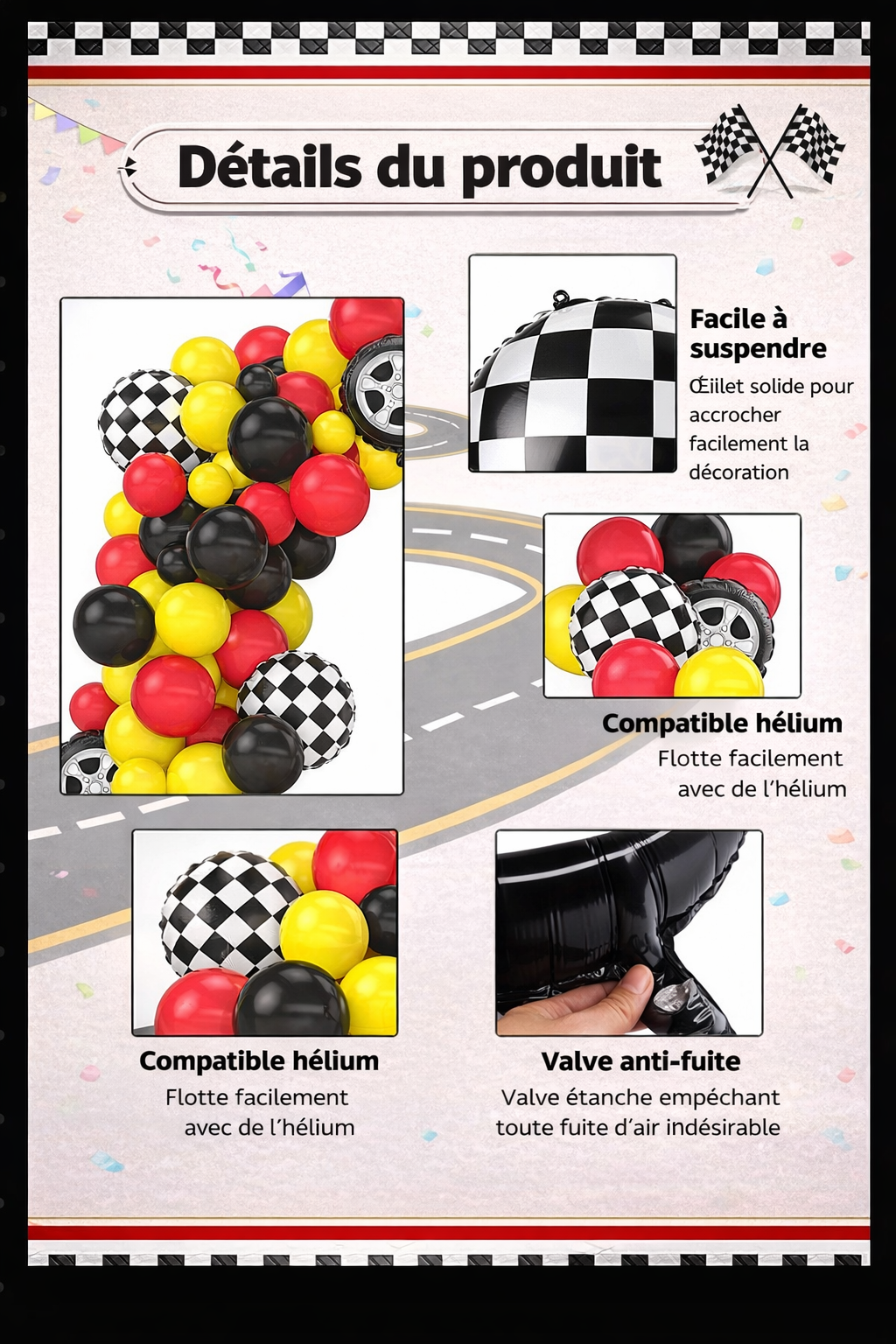 Kit Guirlande de Ballons Thème Course – 111 pièces | Décoration Anniversaire Voiture
