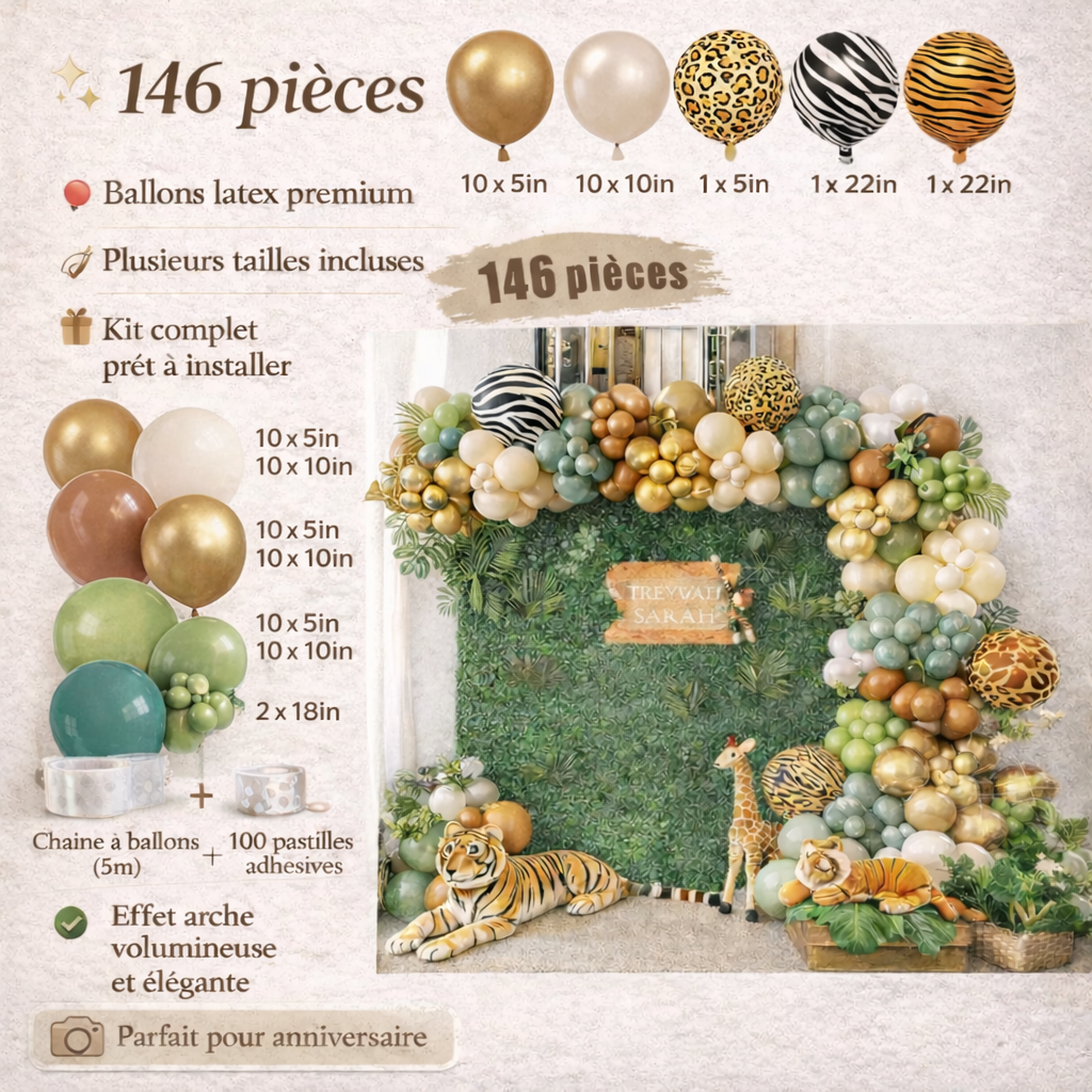 Kit Arche de Ballons Jungle Safari – Décoration Anniversaire Bébé & Enfant – Thème Animaux