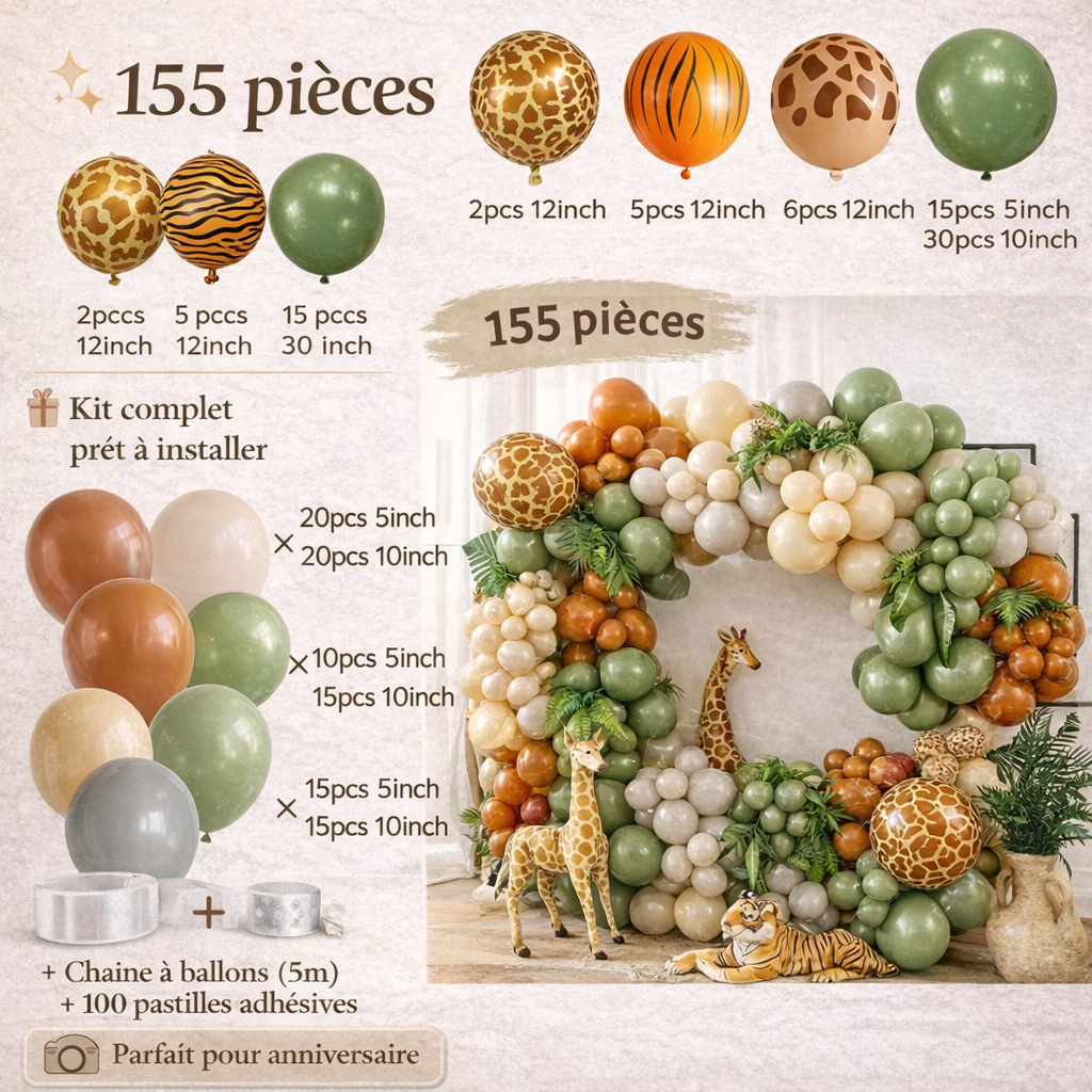 Kit Arche de Ballons Jungle Safari – Décoration Anniversaire Bébé & Enfant – Thème Animaux