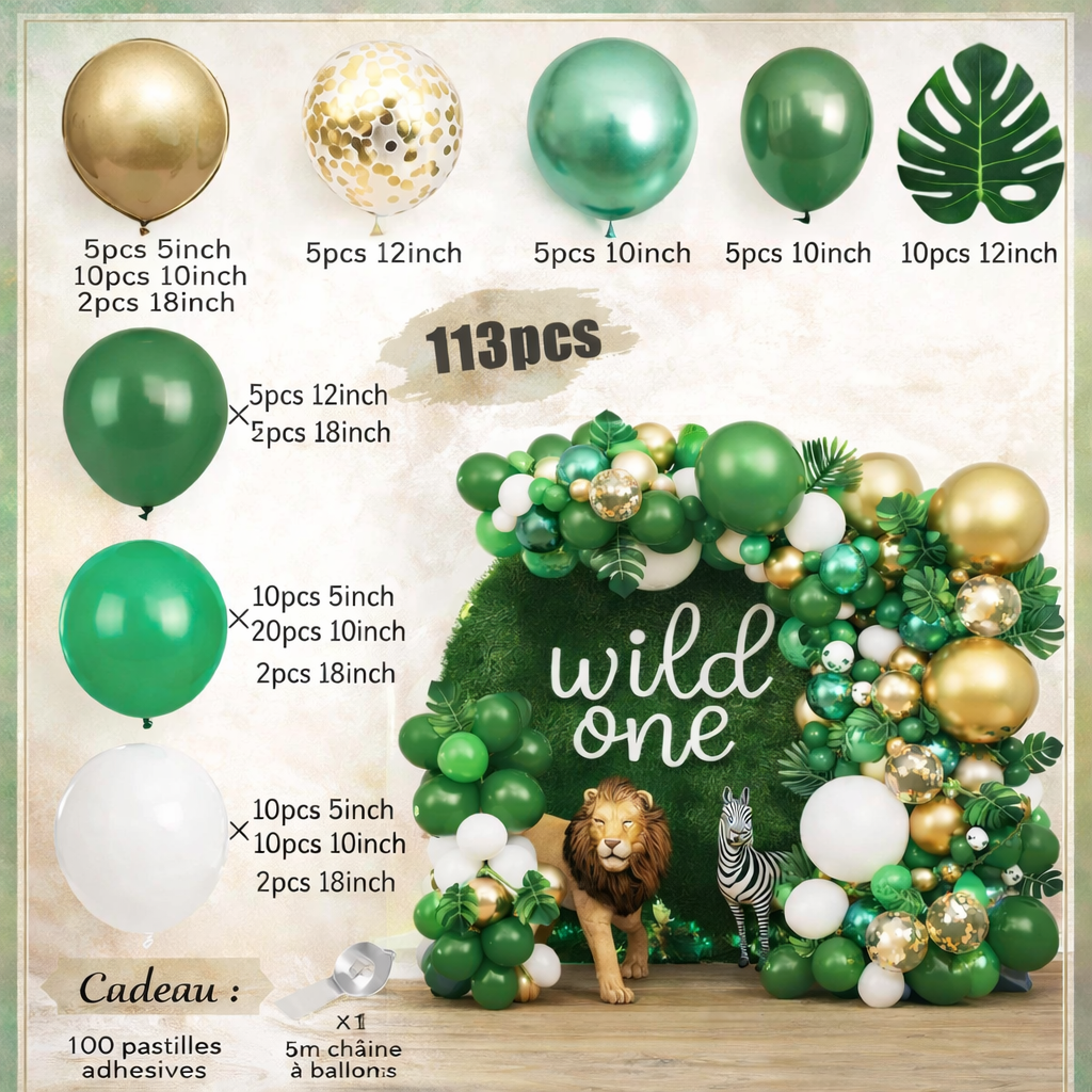 Kit Arche de Ballons Jungle Safari – Décoration Anniversaire Bébé & Enfant – Thème Animaux