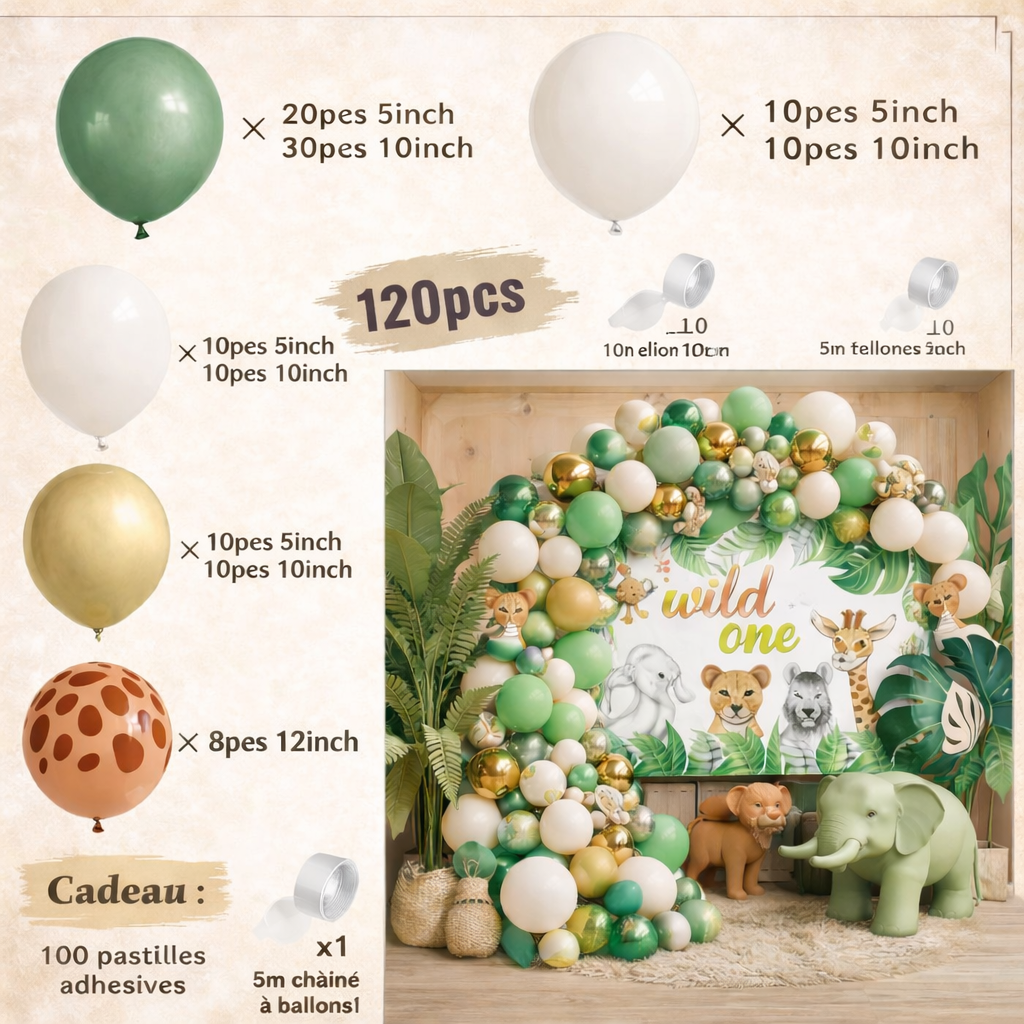 Kit Arche de Ballons Jungle Safari – Décoration Anniversaire Bébé & Enfant – Thème Animaux