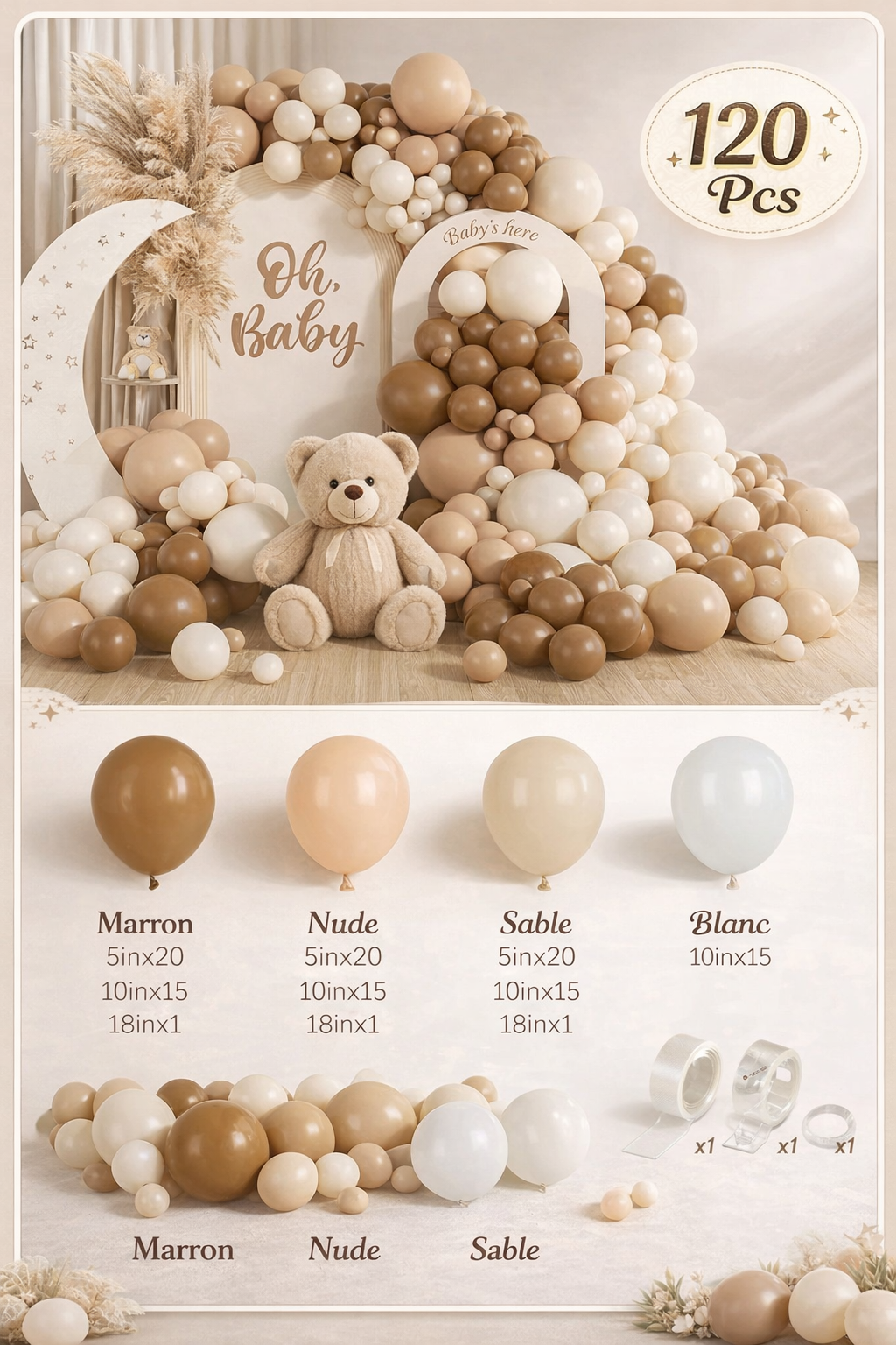Arche de Ballons Élégante 120 Pièces – Tons Marron, Nude, Beige et Blanc | Décoration Baby Shower & Mariage