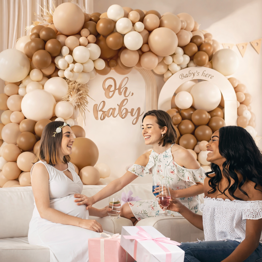 Arche de Ballons Élégante 120 Pièces – Tons Marron, Nude, Beige et Blanc | Décoration Baby Shower & Mariage