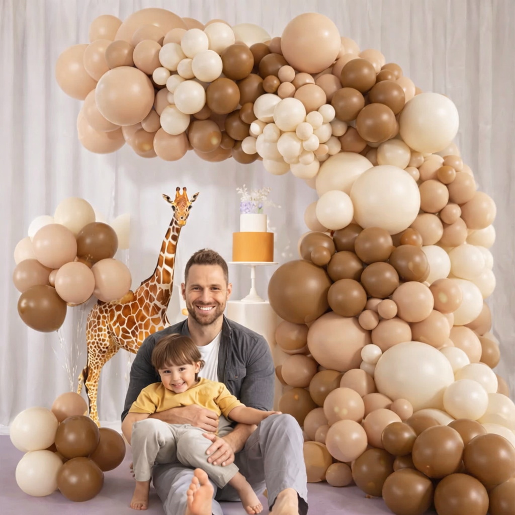 Arche de Ballons Élégante 120 Pièces – Tons Marron, Nude, Beige et Blanc | Décoration Baby Shower & Mariage