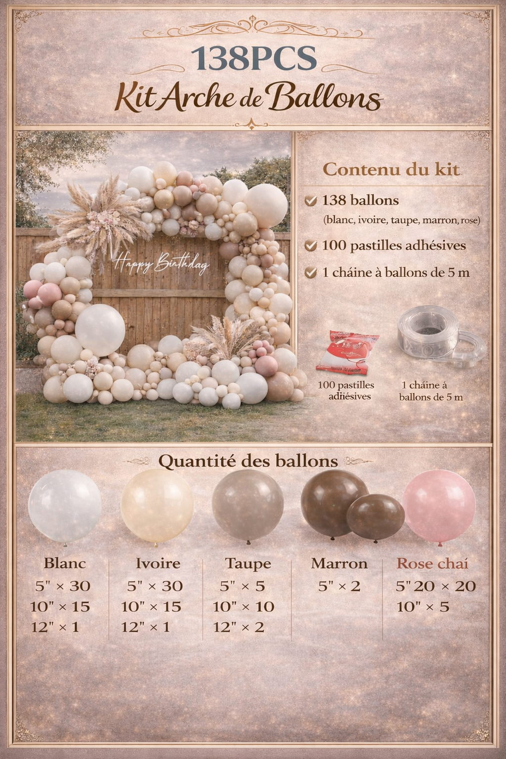 Kit Arche de Ballons Bohème 120 Pièces – Marron, Beige, Nude & Rose | Décoration Baby Shower, Mariage, Anniversaire