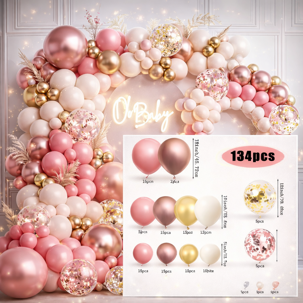 Kit Arche de Ballons Vintage 134 PCS – Rose, Blanc et Sable | Décoration pour Anniversaire, Mariage et Fête