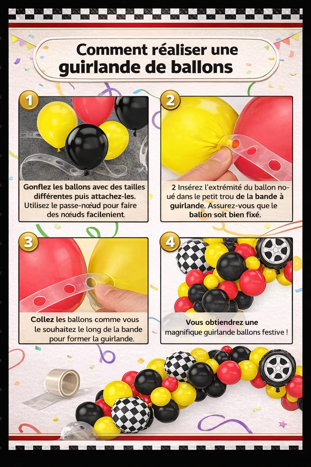 Kit Guirlande de Ballons Thème Course – 111 pièces | Décoration Anniversaire Voiture