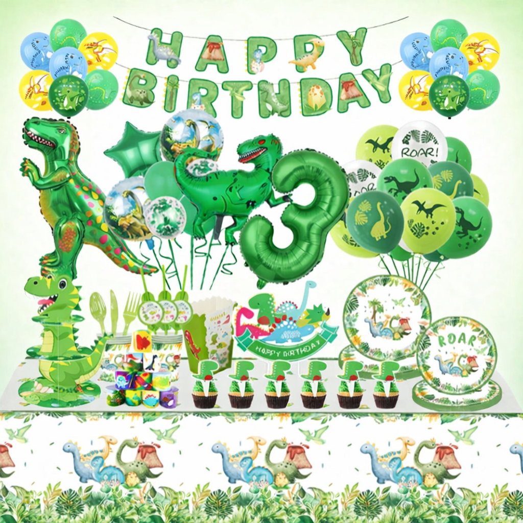 Kit Anniversaire Dinosaure Enfant – Décoration Complète avec Ballons Chiffres, Vaisselle (Assiettes, Gobelets), Cake Topper, Bracelets et Accessoires Fête