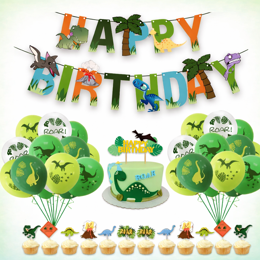 Kit Anniversaire Dinosaure Enfant – Décoration Complète avec Ballons Chiffres, Vaisselle (Assiettes, Gobelets), Cake Topper, Bracelets et Accessoires Fête