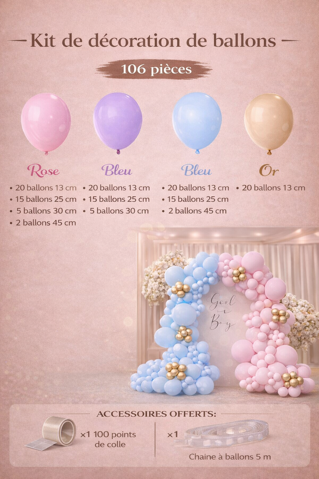 Kit Arche de Ballons Gender Reveal – Fille ou Garçon – Ballons Rose Bleu Or pour Baby Shower, Anniversaire ou Mariage