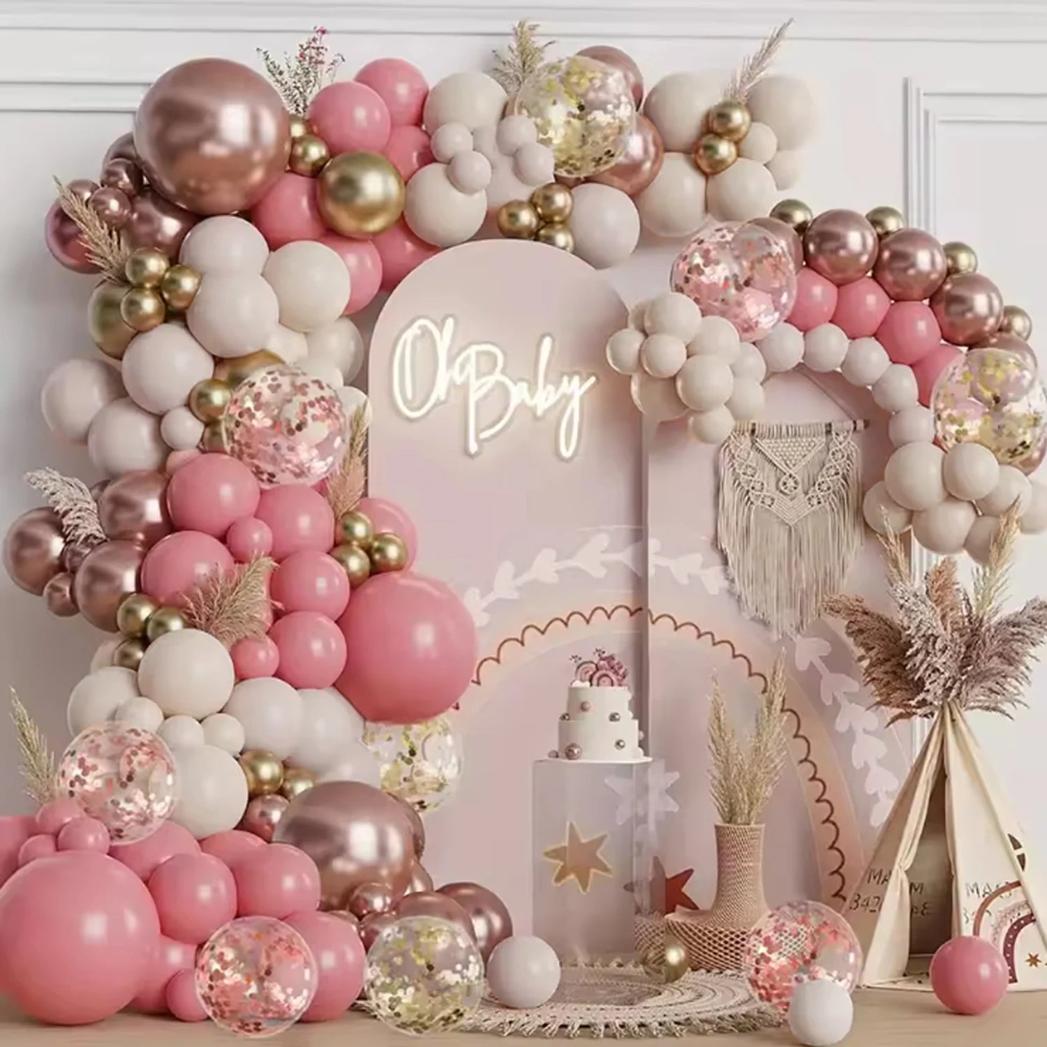 Kit Arche de Ballons Vintage 134 PCS – Rose, Blanc et Sable | Décoration pour Anniversaire, Mariage et Fête
