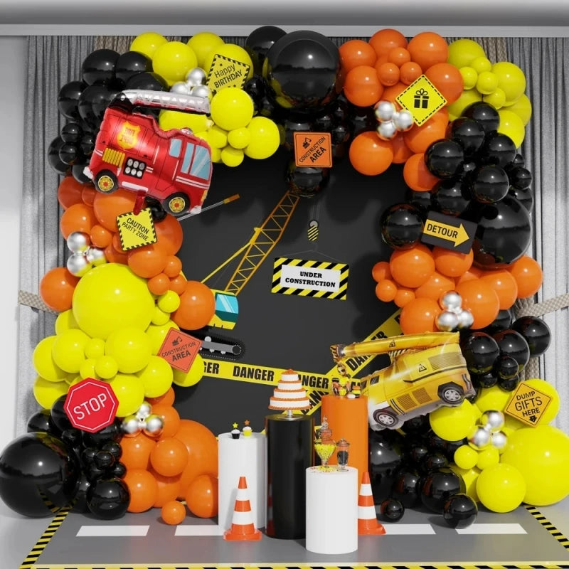 baby shower party decorationKit Arche de Ballons Chantier 159 pièces – Grue & Camion Pompiers Anniversaire Garçon