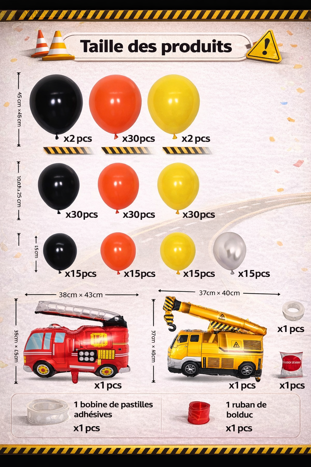baby shower party decorationKit Arche de Ballons Chantier 159 pièces – Grue & Camion Pompiers Anniversaire Garçon